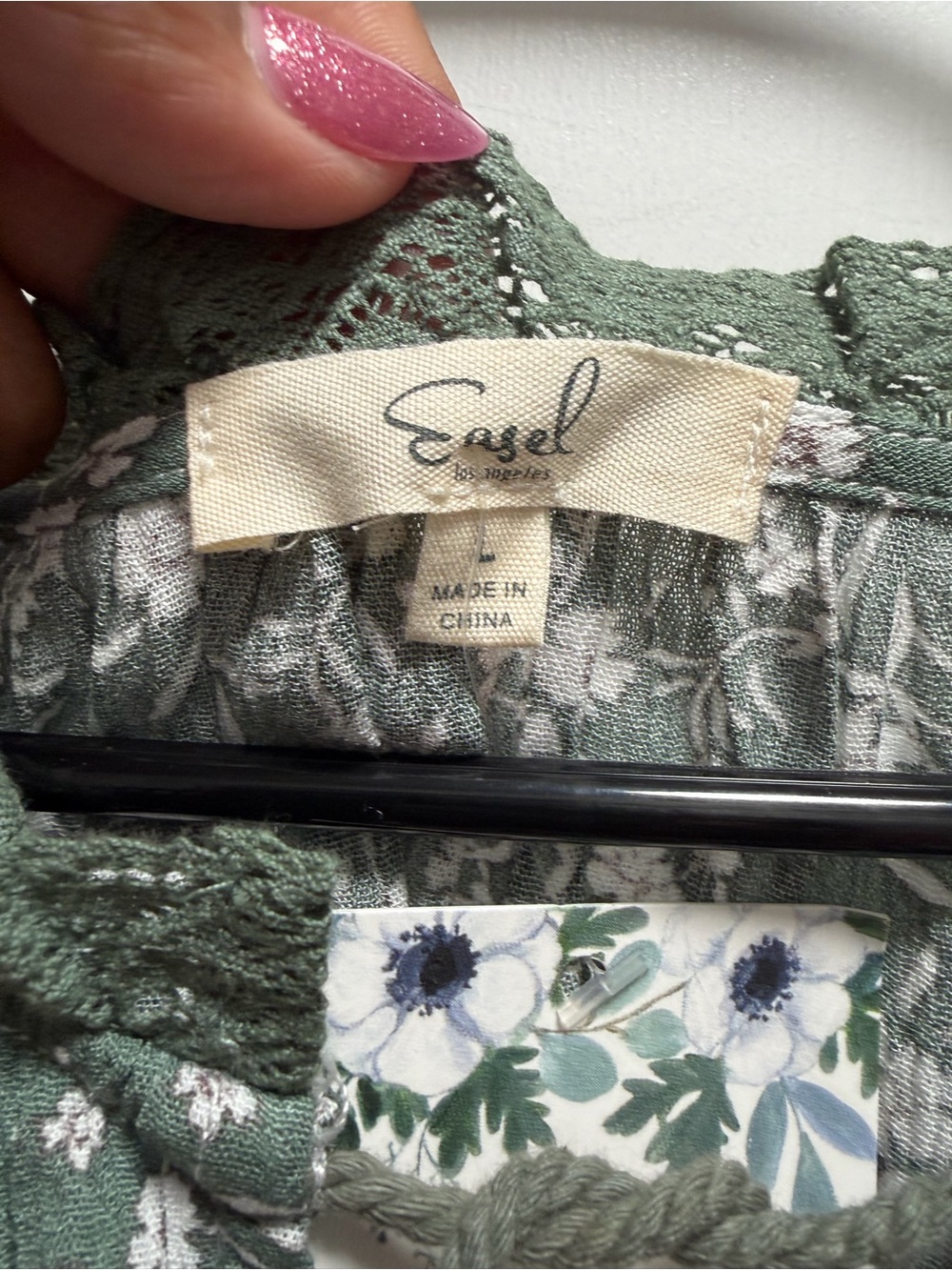 Easel Blouse Sz L Green Floral Long Sleeve Pleated Crochet Cottage-core Boho - Picture 4 of 9